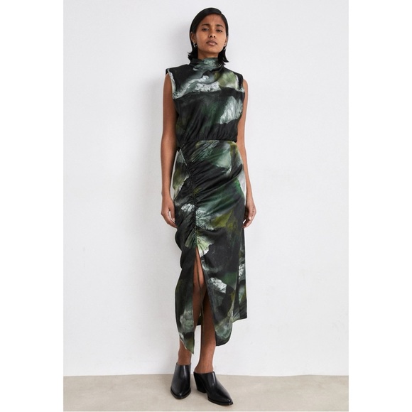 All Saints Isa Appalachian Abstract Green Silk Blend Sheath Midi Dress sz 4 - Picture 16 of 16
